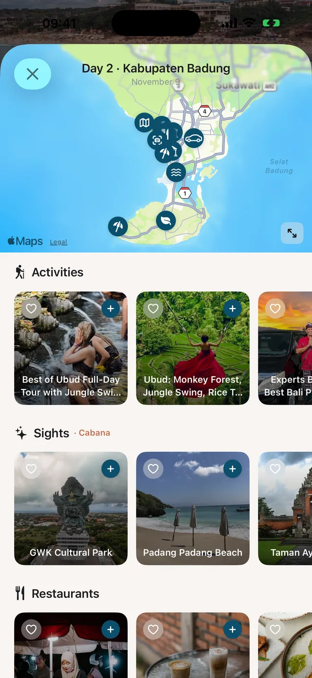 Tours, activities, sights and restaurants near one day of the trip, on a map