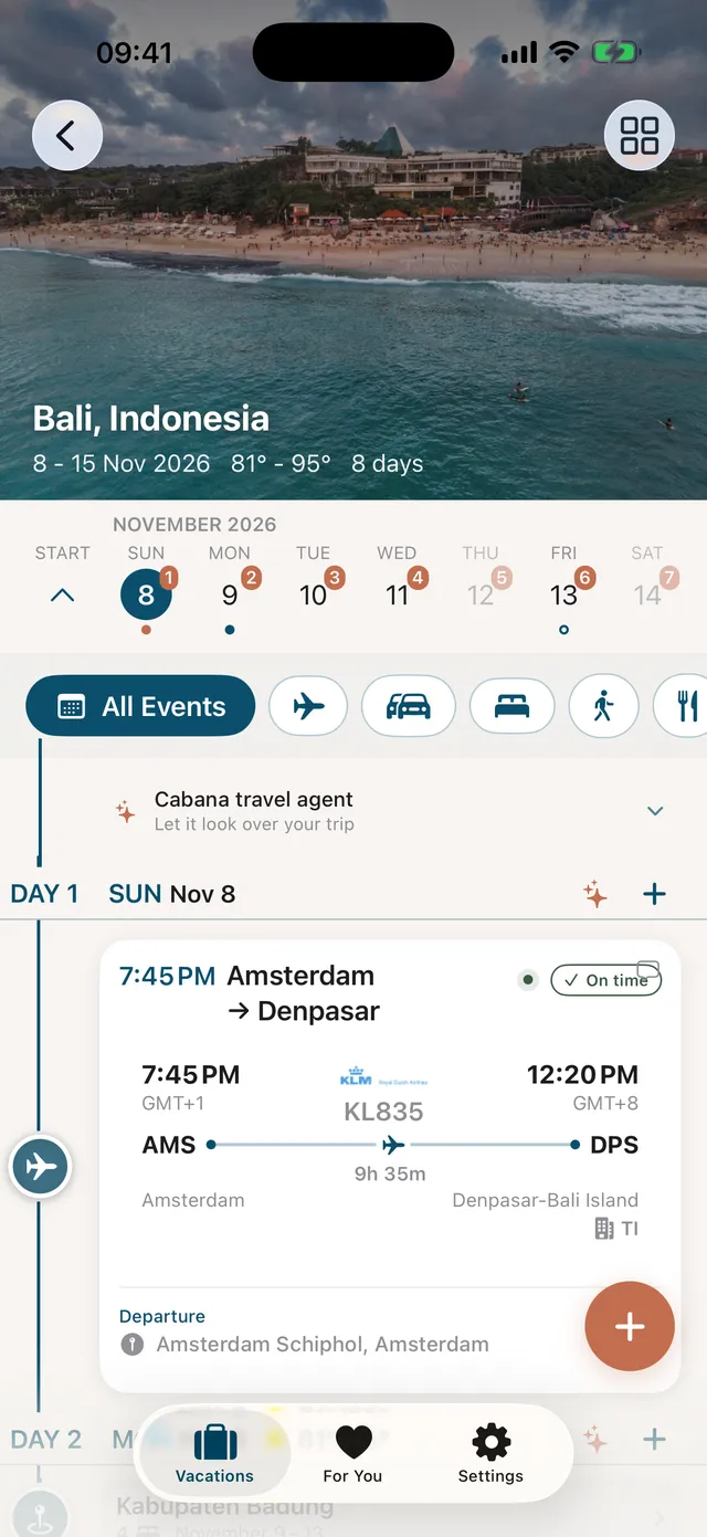 Trip timeline in Cabanatrips with a flight to Bali and the stay, day by day